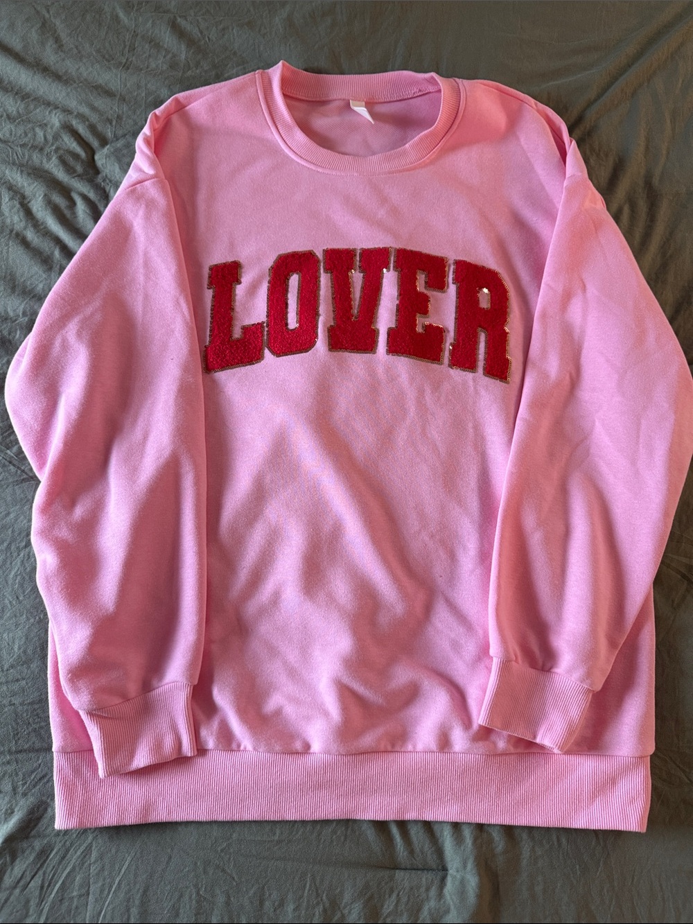 Amazon Pink Crewneck Sweater with Red LOVER Chenille